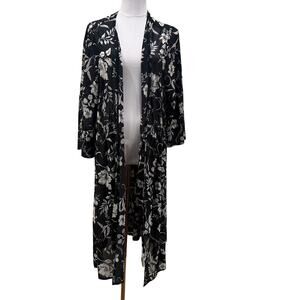 Siren Lily Sheer Floral Kimono Swim Cover Up 1X Black White Beach Duster Boho